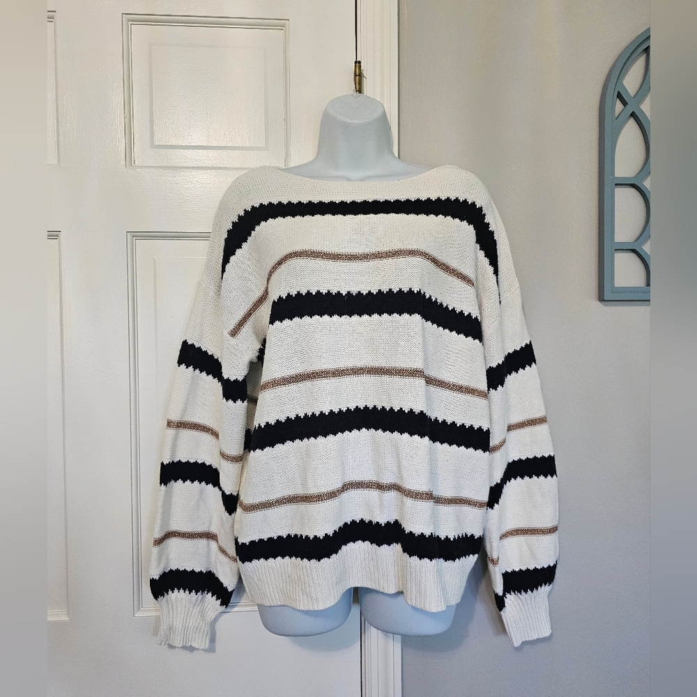 Striped Women's Sweater - Black, White, and Brown - Picture 1 of 3